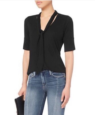FRAME Tie Neck Top Half Sleeve Knit Blouse Round Neck Jersey Stretch Black M