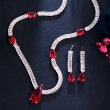 Luxury Red CZ Crystal Long Drop Necklace Earrings Jewelry Set for Ladies Party