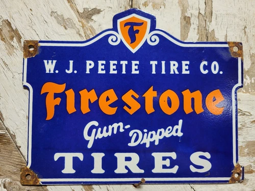 VINTAGE FIRESTONE PORCELAIN SIGN OLD GUM DIPPED RUBBER TIRES CAR AUTO PARTS SHOP