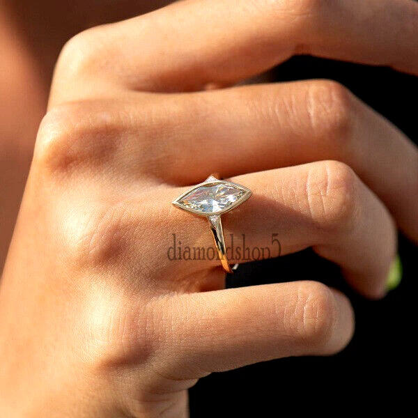 1.70 Ct Marquise Cut White Bezel Set Moissanite Engagement Ring