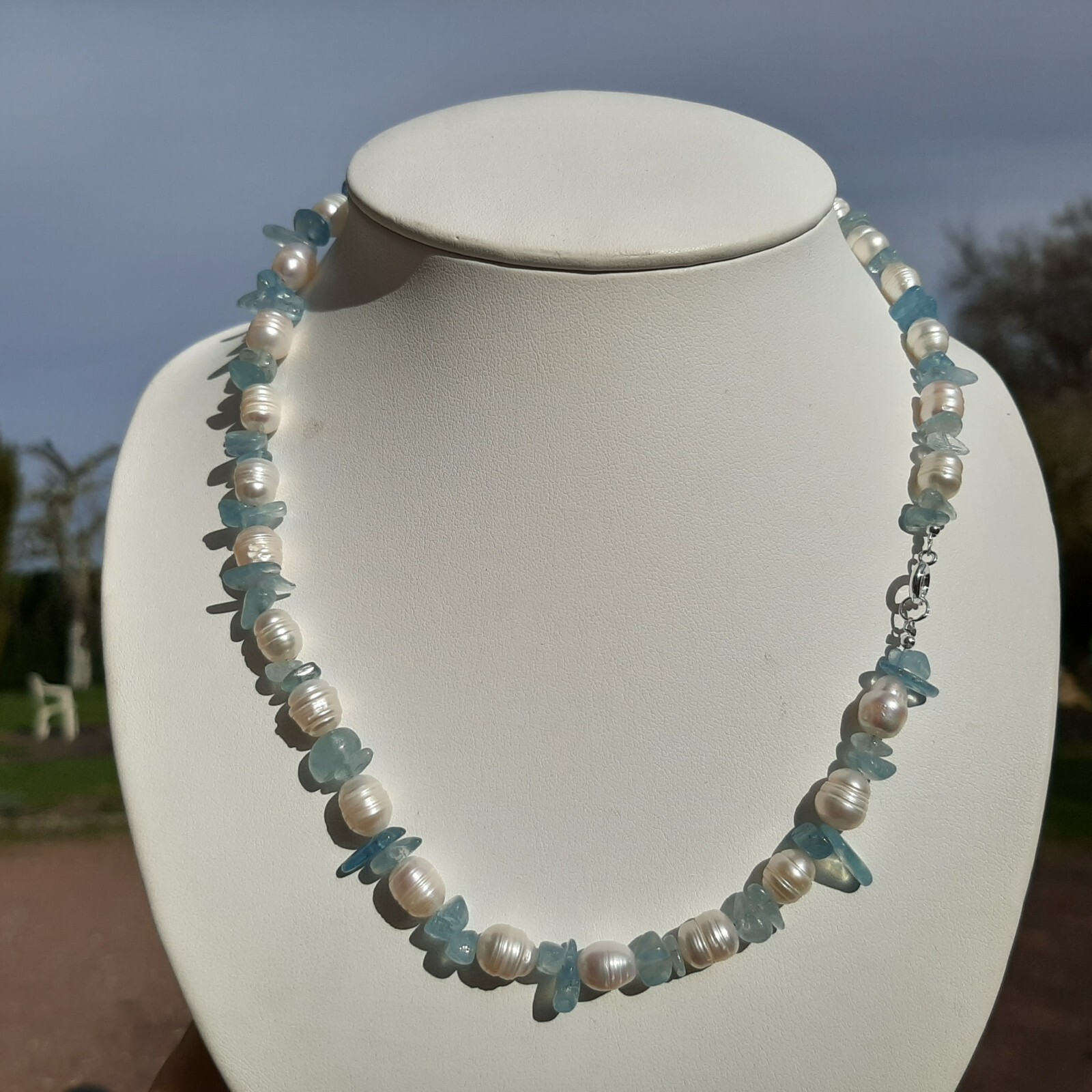 Collier aigue-marine et perles de culture baroques, cadeau d'anniversaire