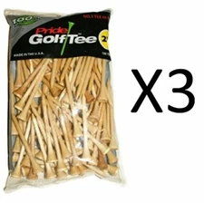 Pride Golf Tee Birch 2 3/4" Tees 3-Bags of 100 Tees,  Natural