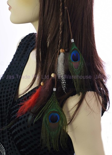 Peacock Feather Hippie 70s Party Plaited Braided Headband Hair Band Extension - Picture 20 of 43