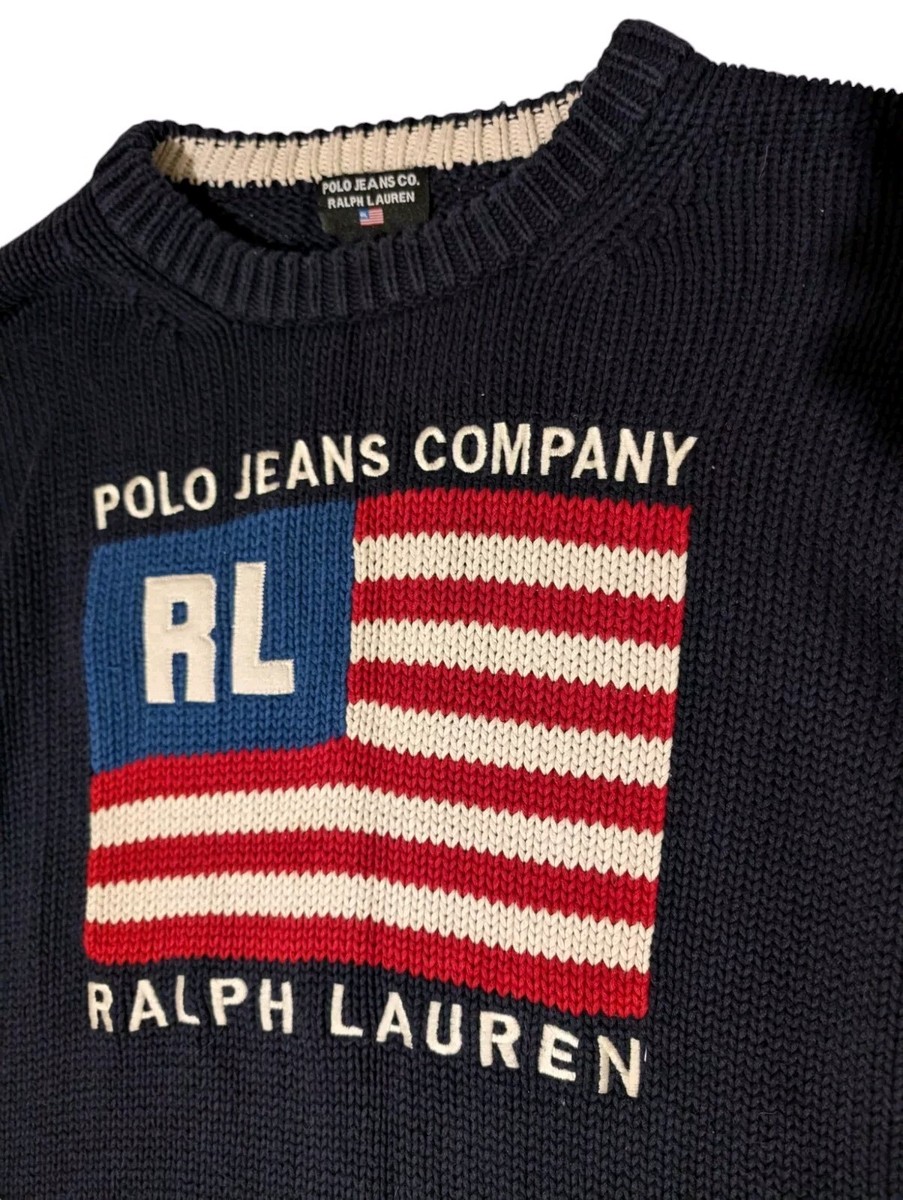 Vintage Ralph Lauren Polo Jeans Chunky Knitted USA Flag Knit