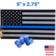 5" x 2.75" ALUMINUM Thin Blue Line Decal Sticker Emblem + Tire Valve Caps BUNDLE