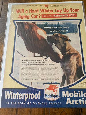 Vintage 1944 Mobiloil Artic Horse With German Shephard Winter Friend ad