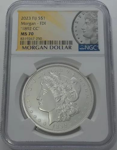 1892 CC MORGAN SILVER DOLLAR NGC MS70 FIRST DAY MORGAN LABEL 2023 FIJI MINT .999