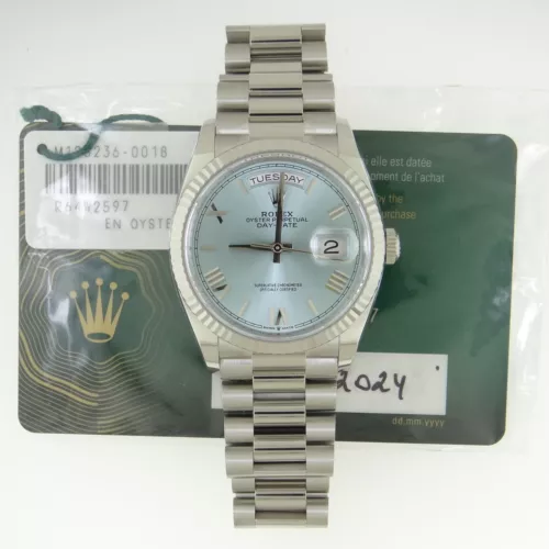 Rolex 128236 Platinum DayDate 36mm 2024 New Style Icy Roman Dial with 2024 Card