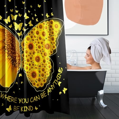 4 Stück Duschvorhang Sets, Sonnenblumenblatt Sommer Gold Sonnenblume Schmetterling - Bild 6 von 7