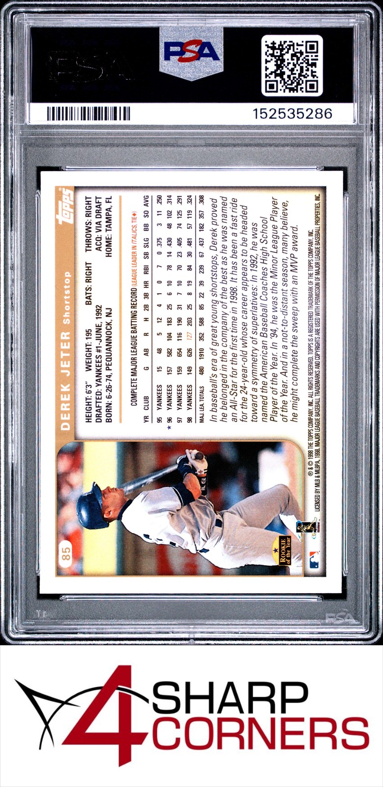 1999 TOPPS #85 DEREK JETER YANKEES HOF PSA 10 view 2