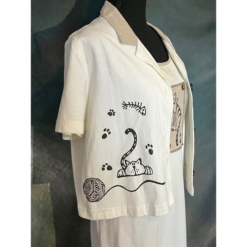Cat Print Dress Jacket Set Sleeveless Maxi Animal Lover Outfit Size 10 - Picture 3 of 12