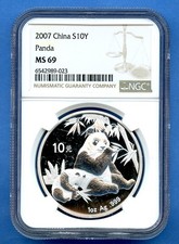2007 NGC MS69 China Panda 10 Yuan 1oz .999 Silver Coin 10 YN MS-69