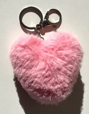 Heart Key Chain Faux Fur Puff Ball Pom Pom For Purse Handbag Pink