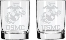 US Marines 2-Sided, Etched Satin Finish, Rock (or Whiskey) Glass - Set of 2
