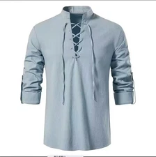 Men's casual wear Linen Long Sleeve Shirt Lace up V-Neck Viking Medieval Top