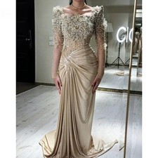 Elegant Beaded Evening Dress Long Sleeves 3D Floral Appliques Ruched Bride Gown