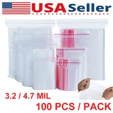 100 PCS Clear Resealable Bag Plastic Zip Seal Bags Poly Zipper 3.2 mil / 4.7 mil