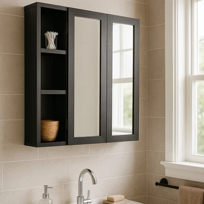 DYLEX Wall Mounted Bathroom Cabinet with Mirror Doors & Side Shelves – Black