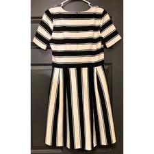 LOFT Dress 10 Petite, Black White Stripe, Short Sleeve, Zip Up, Knee Length