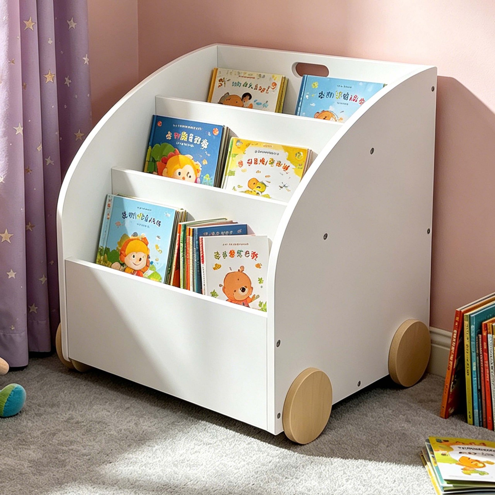 Libreria per bambini, scaffale per libri e giocattoli, portaoggetti su ruote