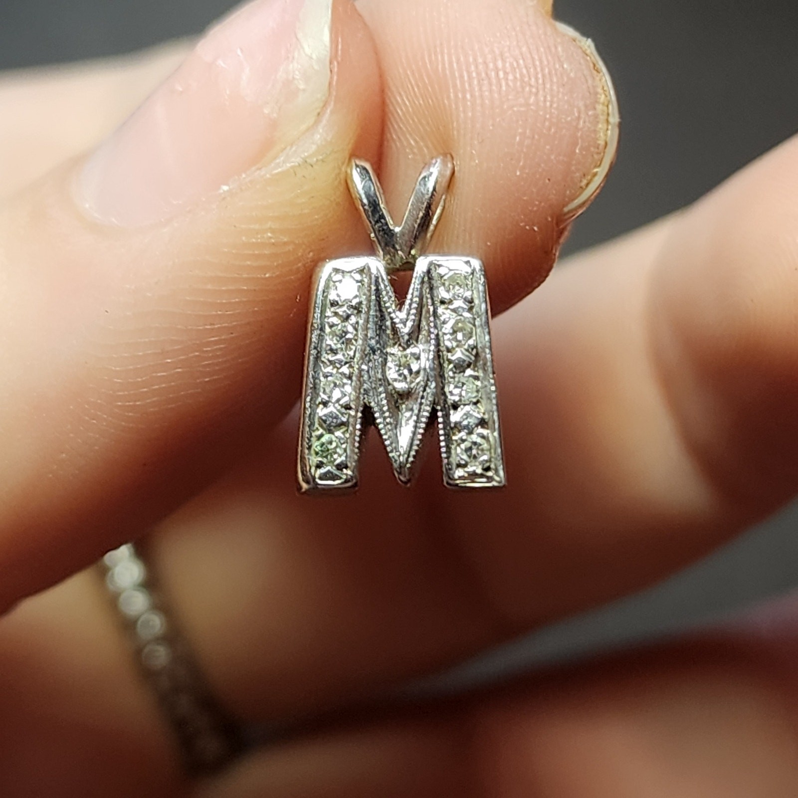 14K Solid White Gold Diamond Initial M Pendant 2.… - image 1