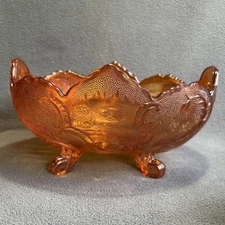 VTG Lombardi 4 Toed Iridescent Flora Gold Bowl By Jeannette 9-5/8” Serving Dish