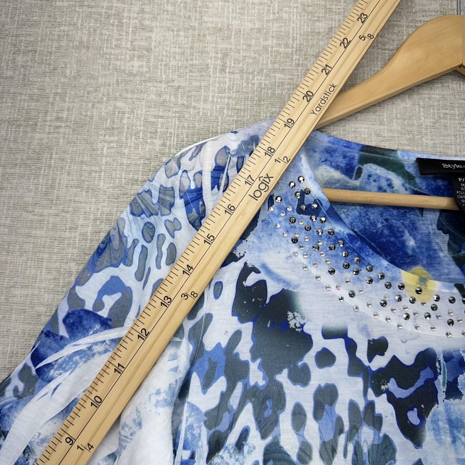 Style & Co Shirt Womens Petite Large Blue Floral High Low 3/4 Sleeve Embellished