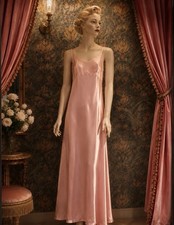 Vintage 1930s-1940s Pink Rayon Satin Bias Cut Nightgown Peach Slip Dress