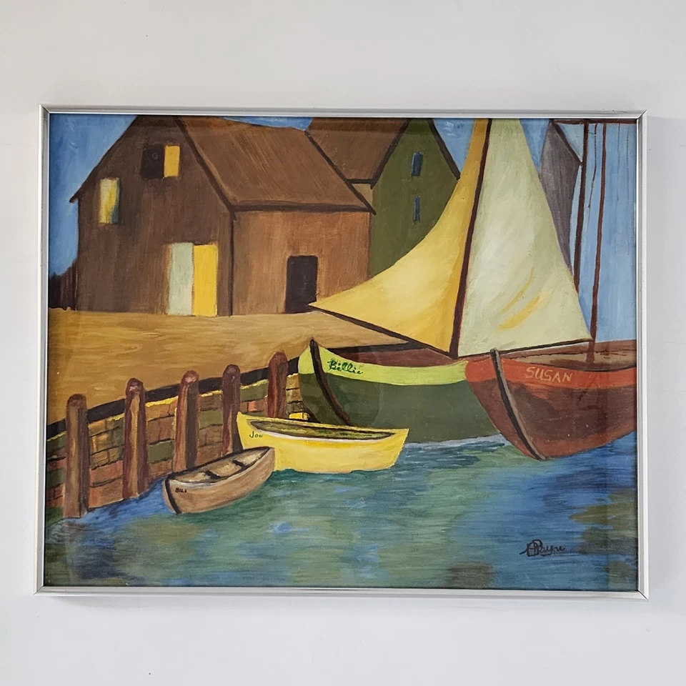 Pintura original de mediados de siglo escena de puerto veleros y muelles arte costero enmarcado Foto 2 de 4