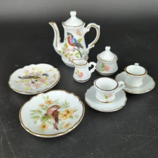 Vintage Miniature Reutter Porcelain Tea Set Germany Songbird Flowers Birds 1:6