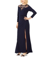 Adrianna Papell Womens Illusion Gown Dress, navy, 14
