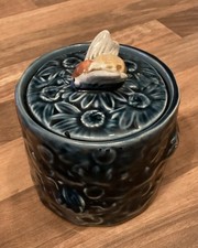 Vintage Collectable Ceramic Blue Glazed Preserve Pot With Lid & Decorative Bee