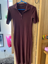 Zara Brown Ribbed Knit Collared Button Short Sleeve Maxi Dress Size M