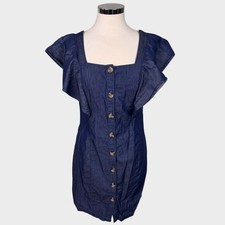 a.n.a A New Approach M Square Neck Button Front Blue Dress Cotton Lyocell