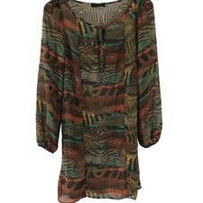 GLAM Women Abstract Geometric Tie Neck Mini Dress Long Balloon Sleeve Multicolor