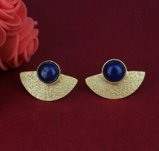 18k Gold Plated 925 Silver Fan Design Lapis Gemstone Stud Earrings Jewelry