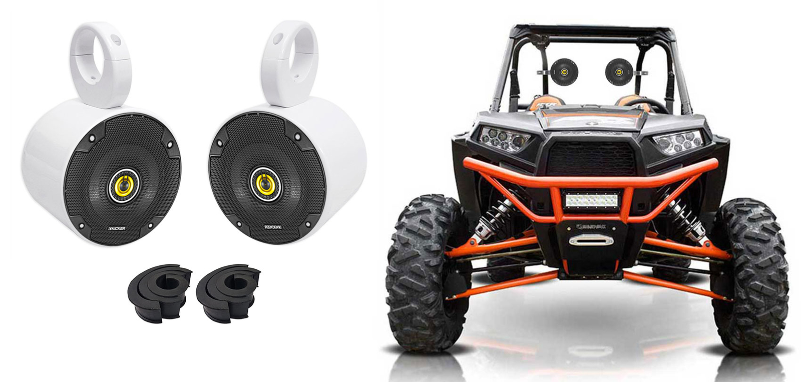Пара башенных динамиков Kicker 525 мощностью 450 Вт из белого металла для Polaris RZRATVUTVтележки