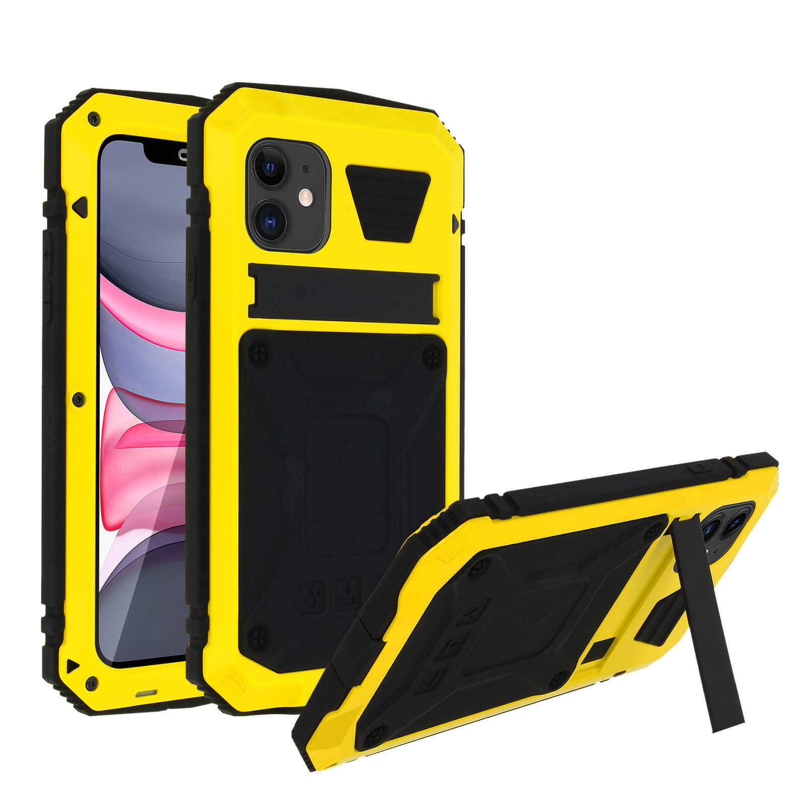 Aluminum Silicone Kickstand Case for iPhone 11 - Tank, Yellow