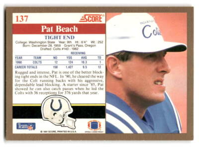 Pat Beach 1991 Score FOOTBALL #137 Indianapolis Colts | eBay