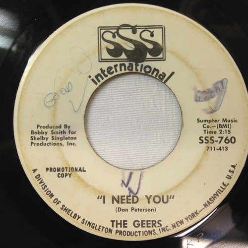 THE GEERS 45: I Need You / Same, SSS International Records 760 Promo Garage - Picture 2 of 2