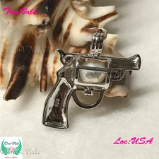 Revolver Pistol Gun - 925 Sterling Silver-Locket Pearl Cage Pendant - Hold 6-8mm