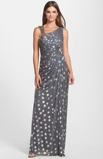 Adrianna Papell Foiled Dot Asymmetrical Mesh Dress Sz 2 Grey
