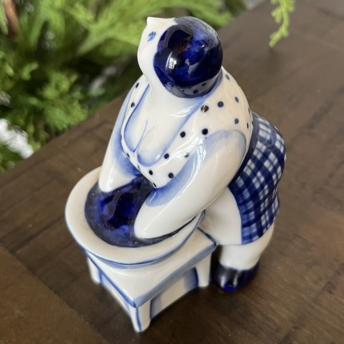 Gzhel Porzellan Figur UdSSR Frau Wäscherin Wäscherei Russland Russisch - Bild 4 von 8