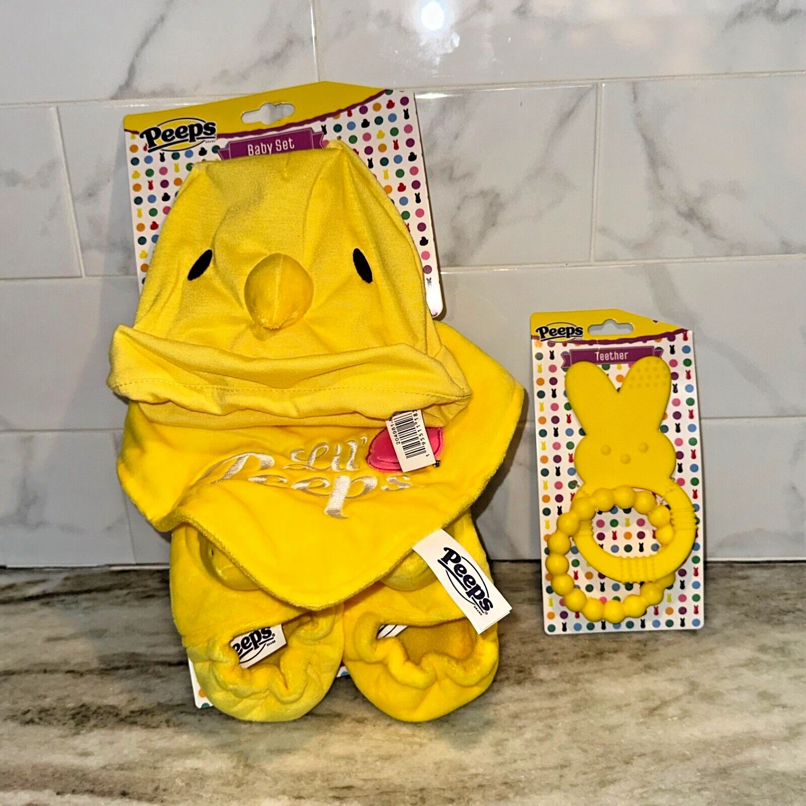 PEEPS Baby Duck Chick YELLOW Set Includes Baby Hat, Bib, Booties & Teether NEW