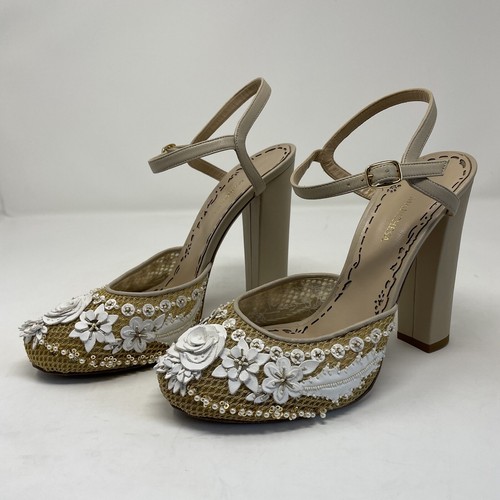 MARCHESA Heels Women 40 US 9 Nude Embroidered White Applique Floral Bridal - Picture 14 of 17