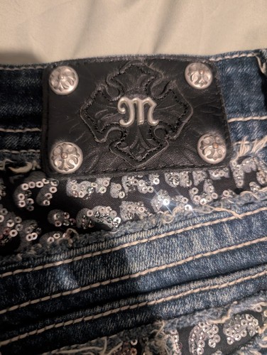 Miss Me Blue Jeans Womens 27 Signature Boot Sequins Back Pockets double button - Picture 7 of 10