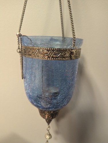 Hängende Teelichtkerze blaues Glas marokkanischer Stil mit silbernen Akzenten - Bild 3 von 5