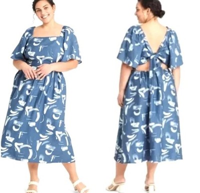 NWT A New Day Women's Flutter Short Sleeve Tie-Back Blue Dress XL