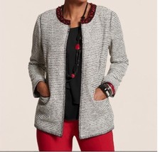 NWT Chicos Black Ivory Tweed Knit Red Beaded Embellished Open Blazer Sz M 1