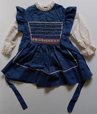 Vintage Polly Flinders Hand Smocked Girls Size 4 Blue Floral Dress 70s 80s